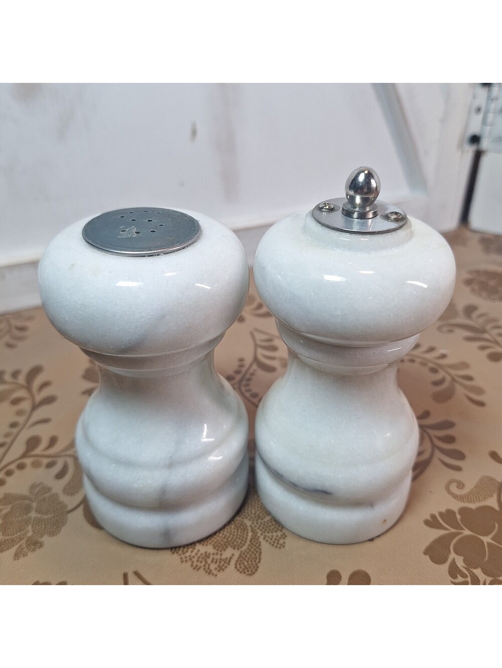 Vintage White Marble Gray Veining 4" Salt and Pepper Shaker Mill Grinder